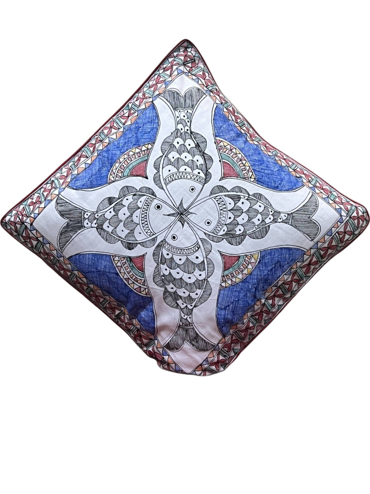 HAND-PAINTED MADHUBANI CUSHION COVER WITH FOUR FISH PATTERN